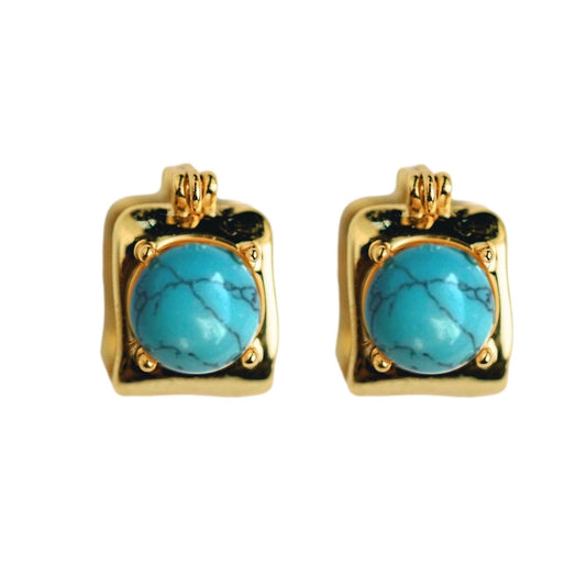 Vintage Square Gold Turquoise Huggie Earrings