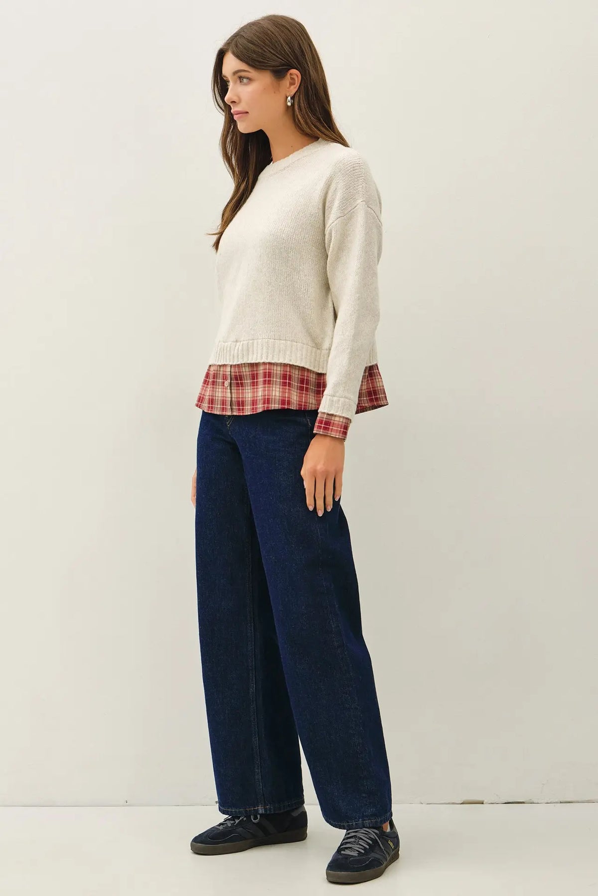 Natural Plaid Shirt Layered Sweater