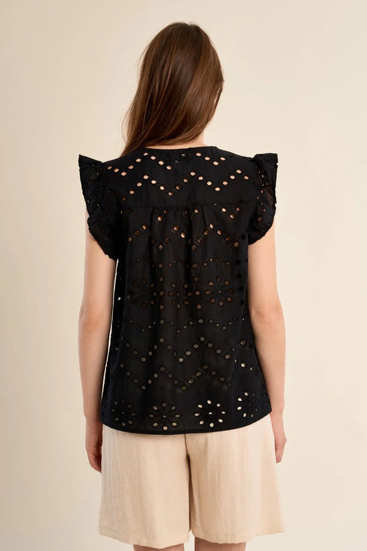 MB Black Ruffle Embroidered Top