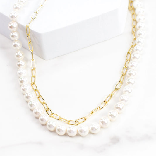 Layered Pearl and Chain Link Necklace