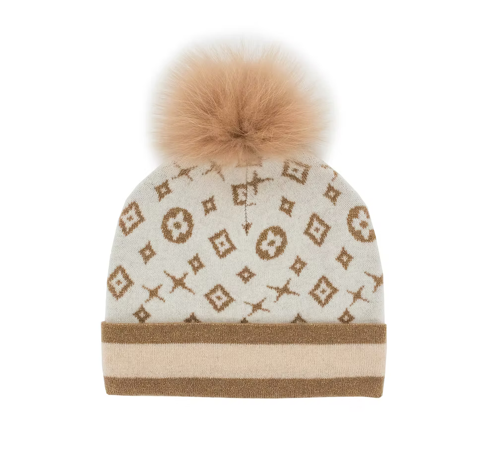 Beige Pattern Pom Hat
