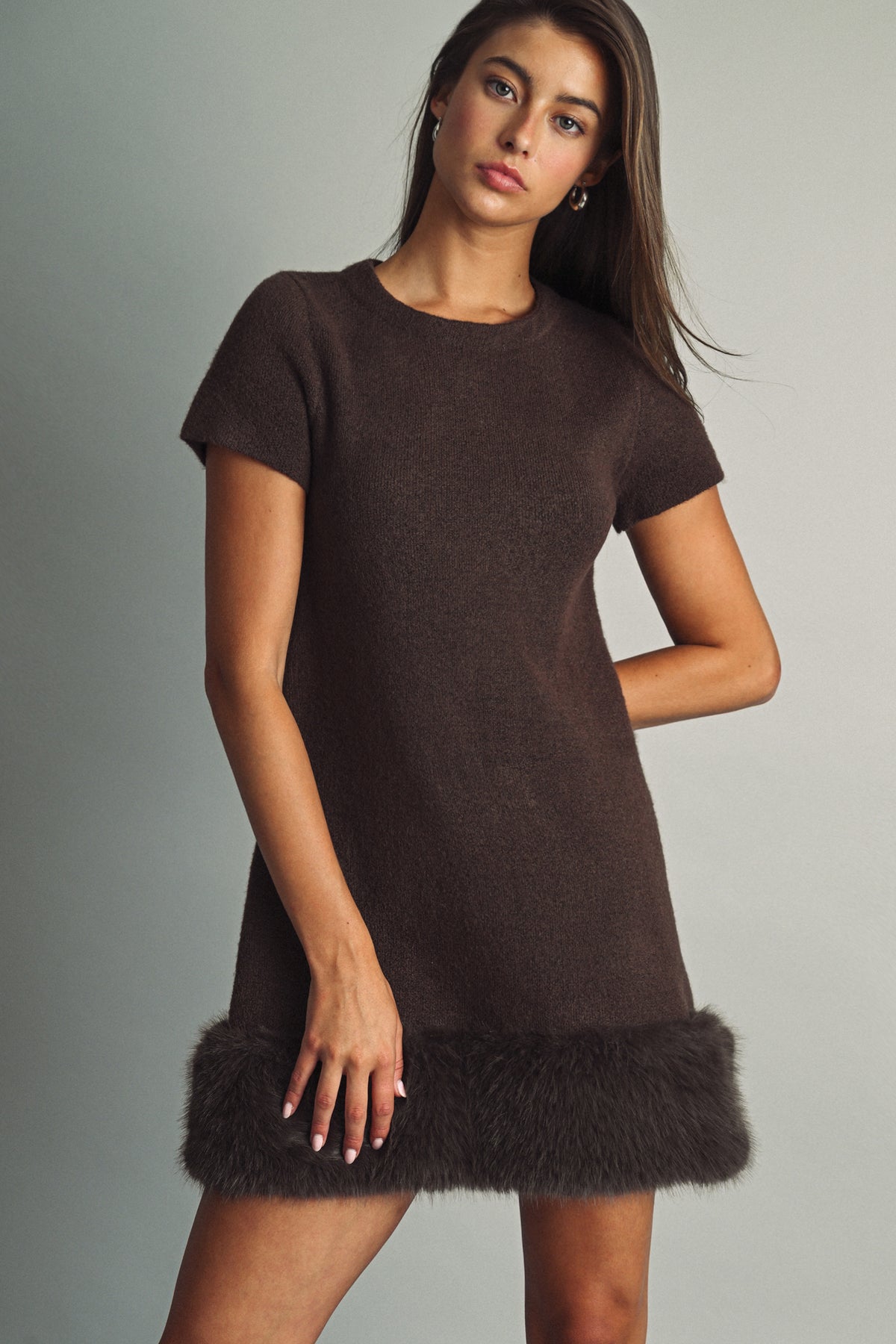 Brown Faux Fur Trim Dress