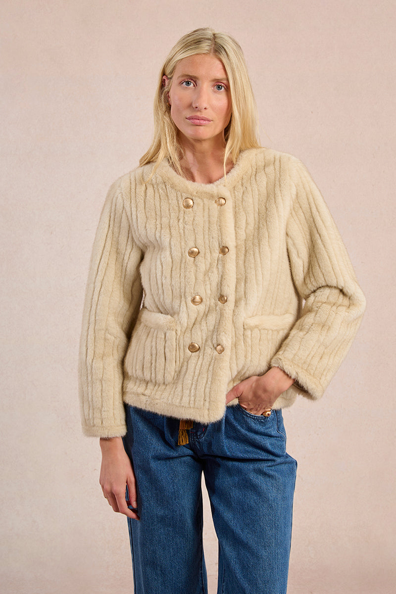 MB Beige Gold Button Fur Jacket