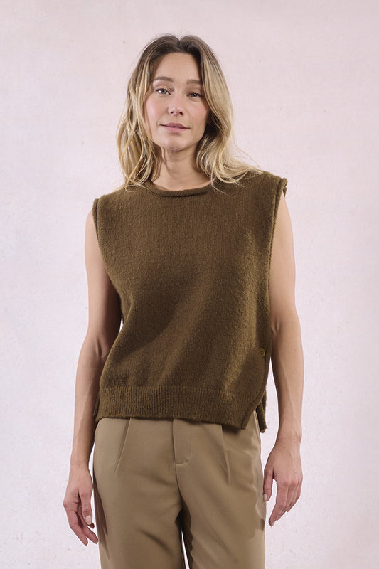 MB Khaki SideButton Sleeveless Sweater