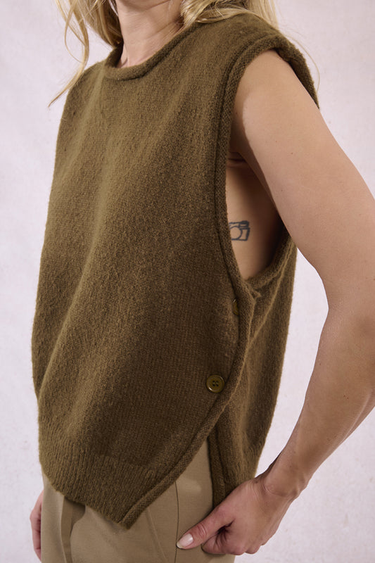 MB Khaki SideButton Sleeveless Sweater