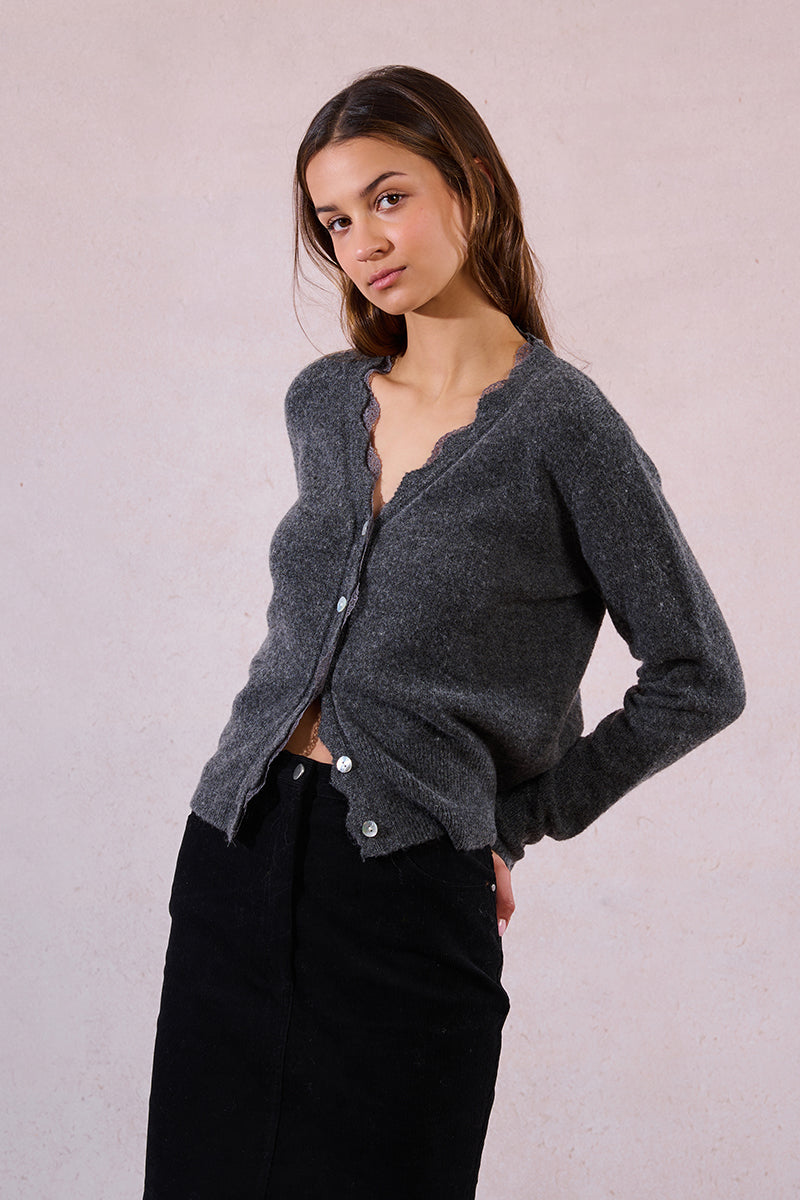 MB Grey Scallop Lace Cardigan Sweater