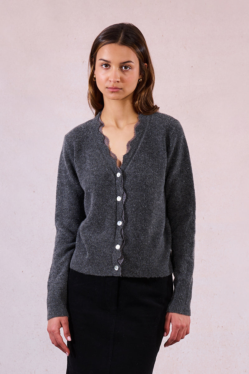 MB Grey Scallop Lace Cardigan Sweater