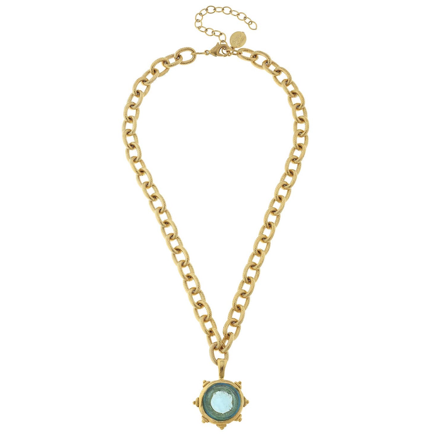 Aqua Venetian Small Glass Coin Intaglio on Gold Chain Necklace