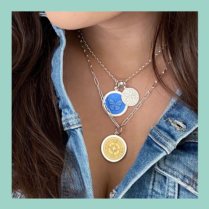 Compass Rose Light Blue Silver Mini Pendant