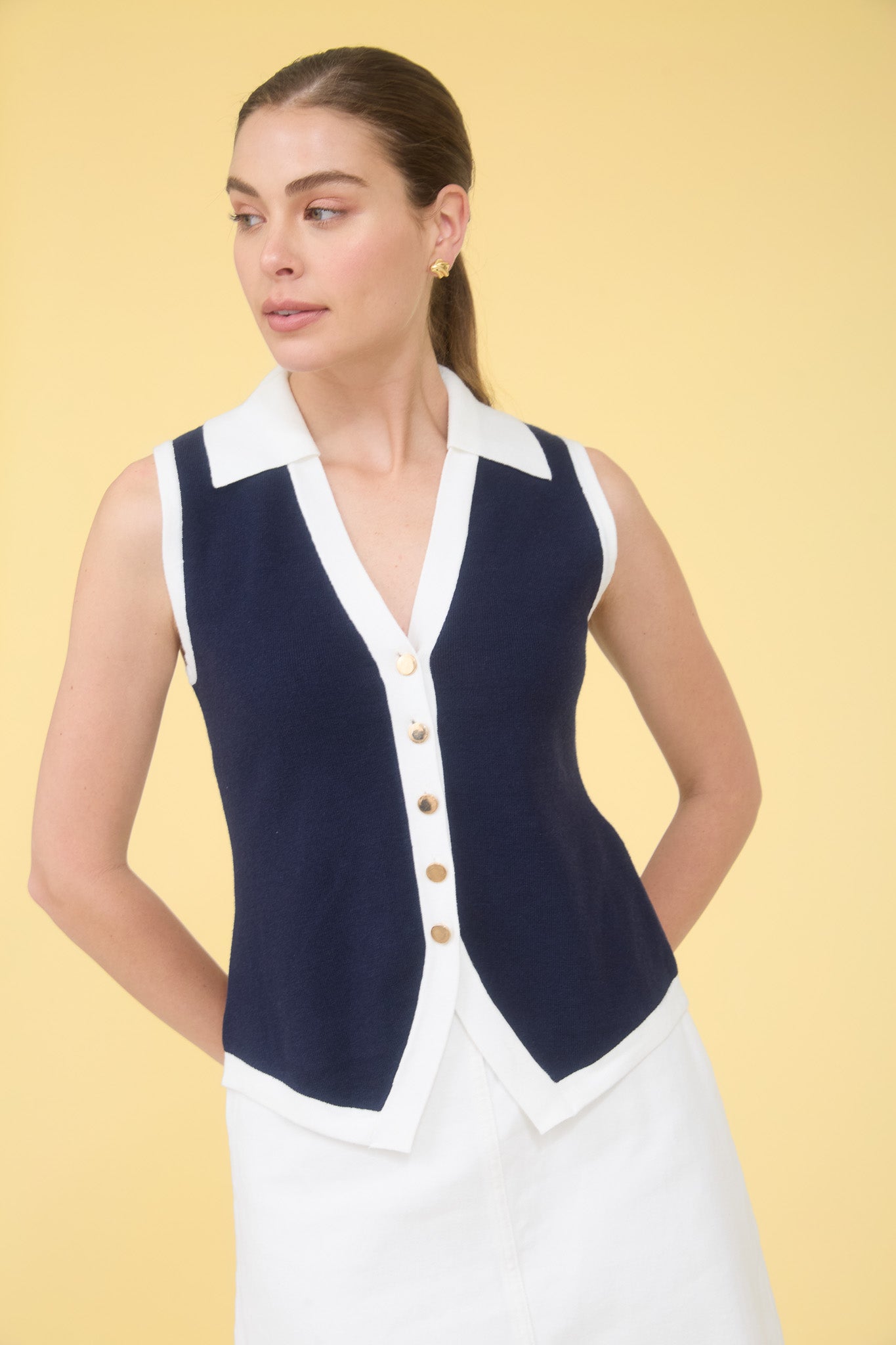 Navy Stripe Sleeveless Collared Sweater Top