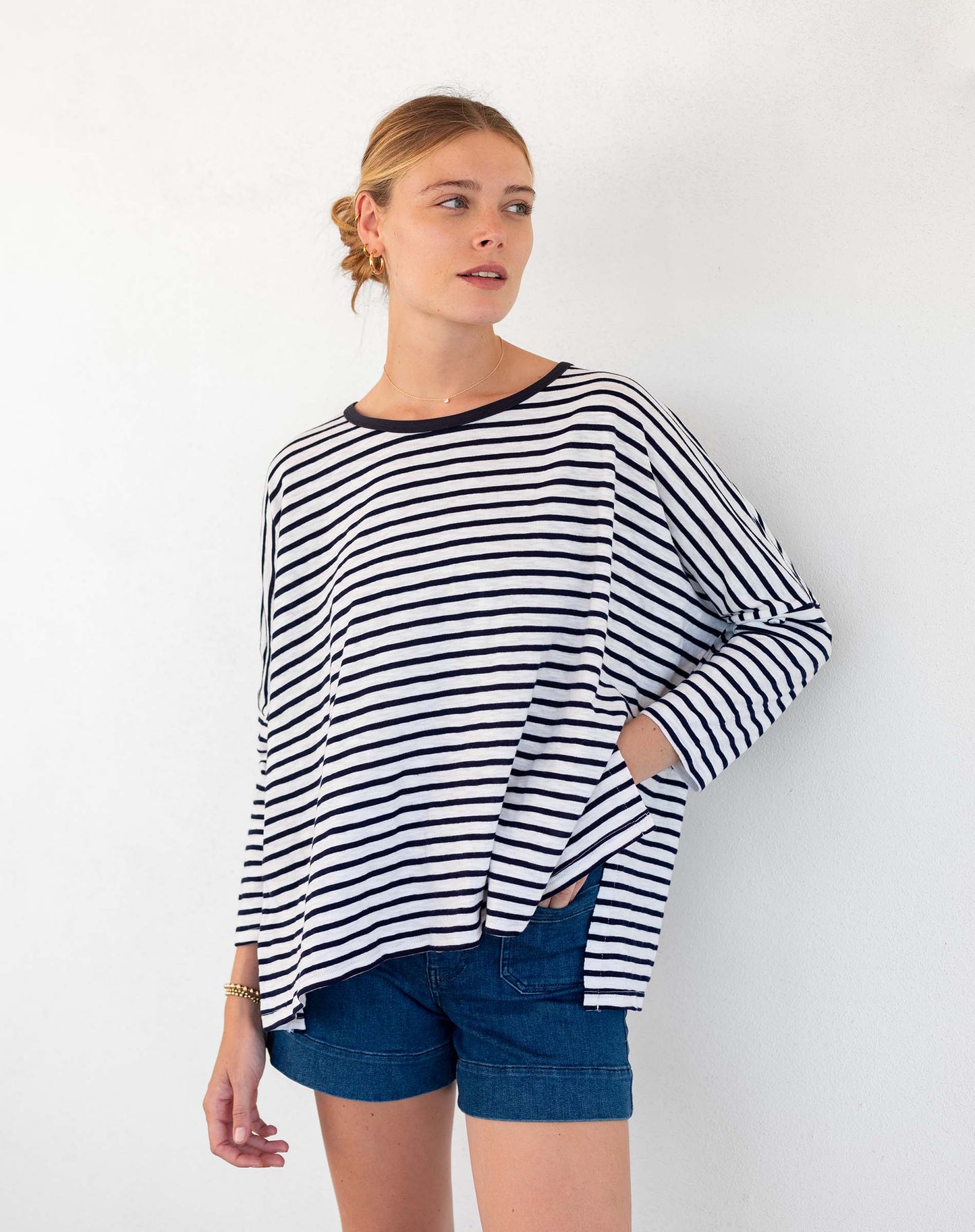 White Navy Ringer Catalina Slub Tee