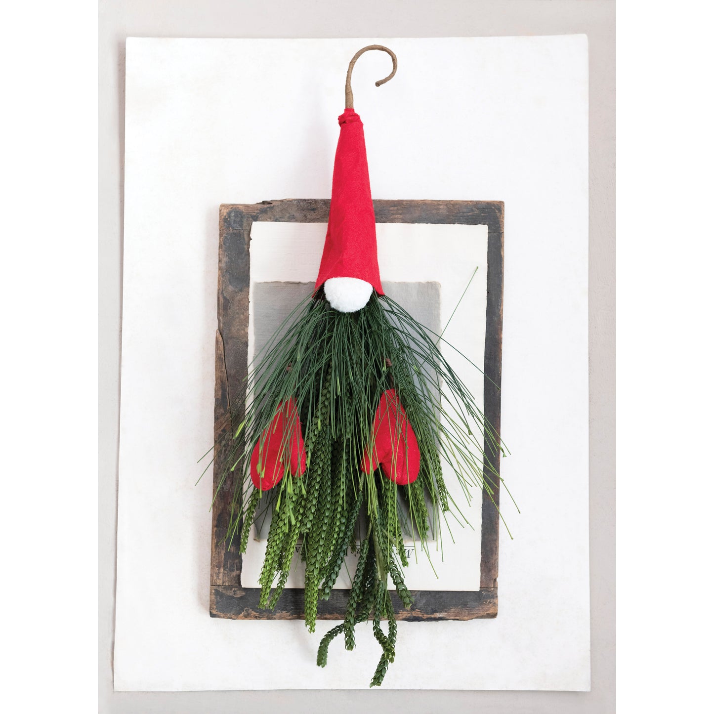 10"W x 21"H Faux Pine and Fabric Gnome Wall Hanging, Red