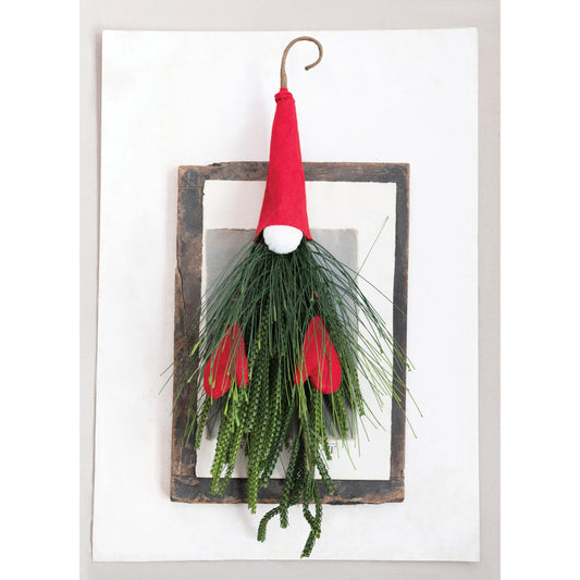 10"W x 21"H Faux Pine and Fabric Gnome Wall Hanging, Red