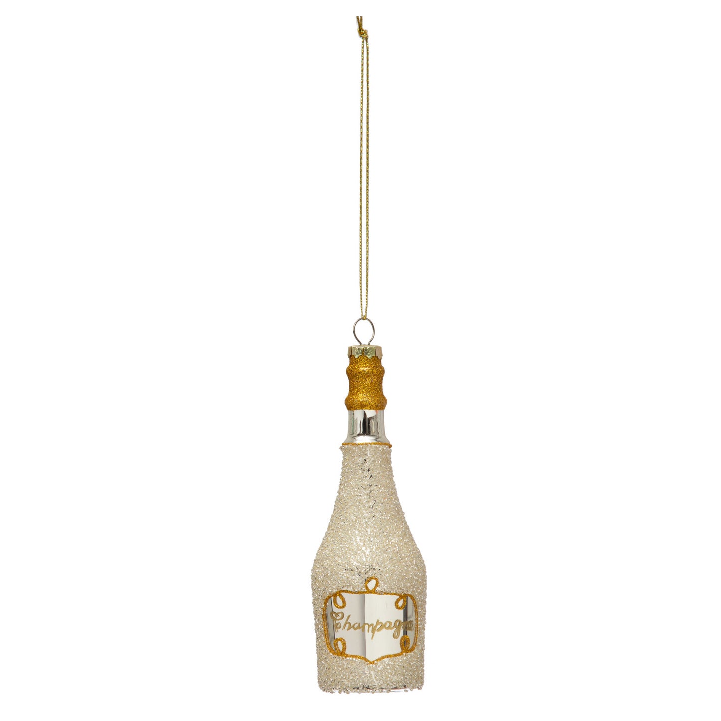 6"H Glass Champagne Bottle Ornament w/ Glitter, Gold & Silver Color