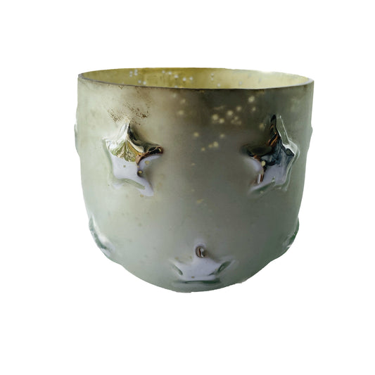 Embossed Recycled Glass Tealight/Votive Holder w/ Stars, Antique Silver Finish