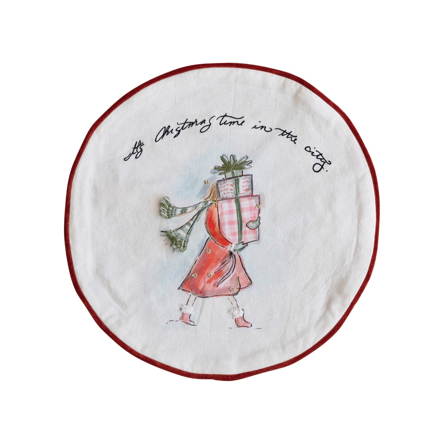 16" Round Printed Cotton Pillow w/ Piping & Velvet Back ©