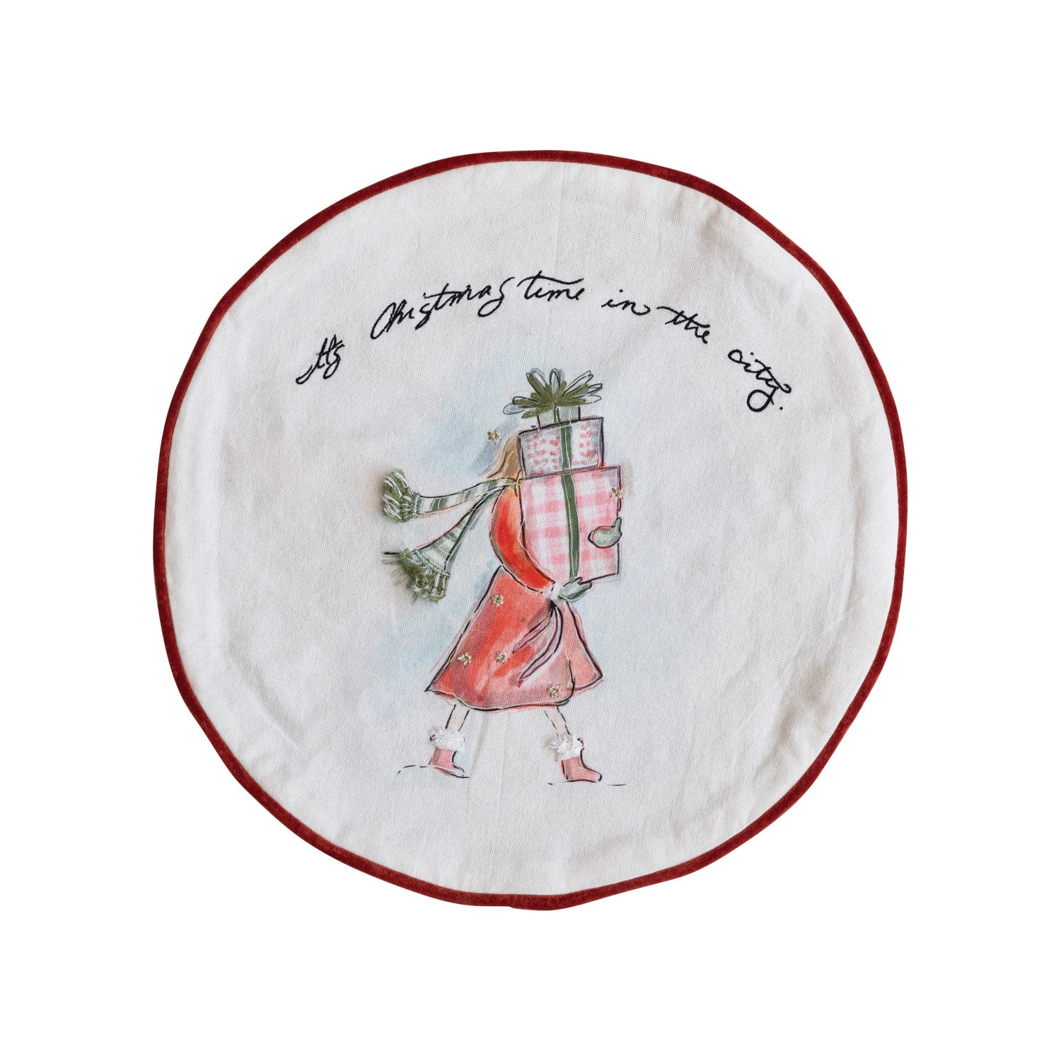 16" Round Printed Cotton Pillow w/ Piping & Velvet Back ©