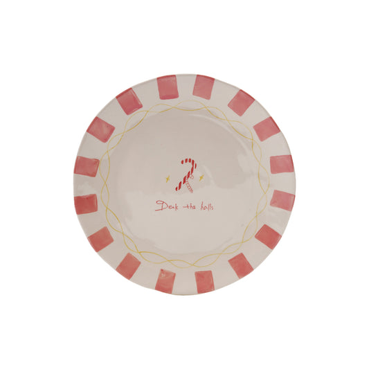 Hand-Painted Stoneware Plate with Candy Canes "Deck the Halls"