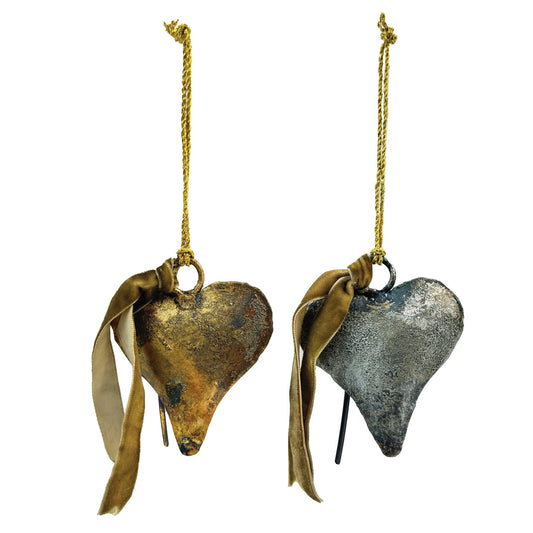 Metal Heart Shaped Bell Ornament with Brown Velvet Ribbon, 2 Colors