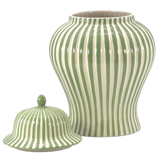 Green & White Striped Ceramic Vase