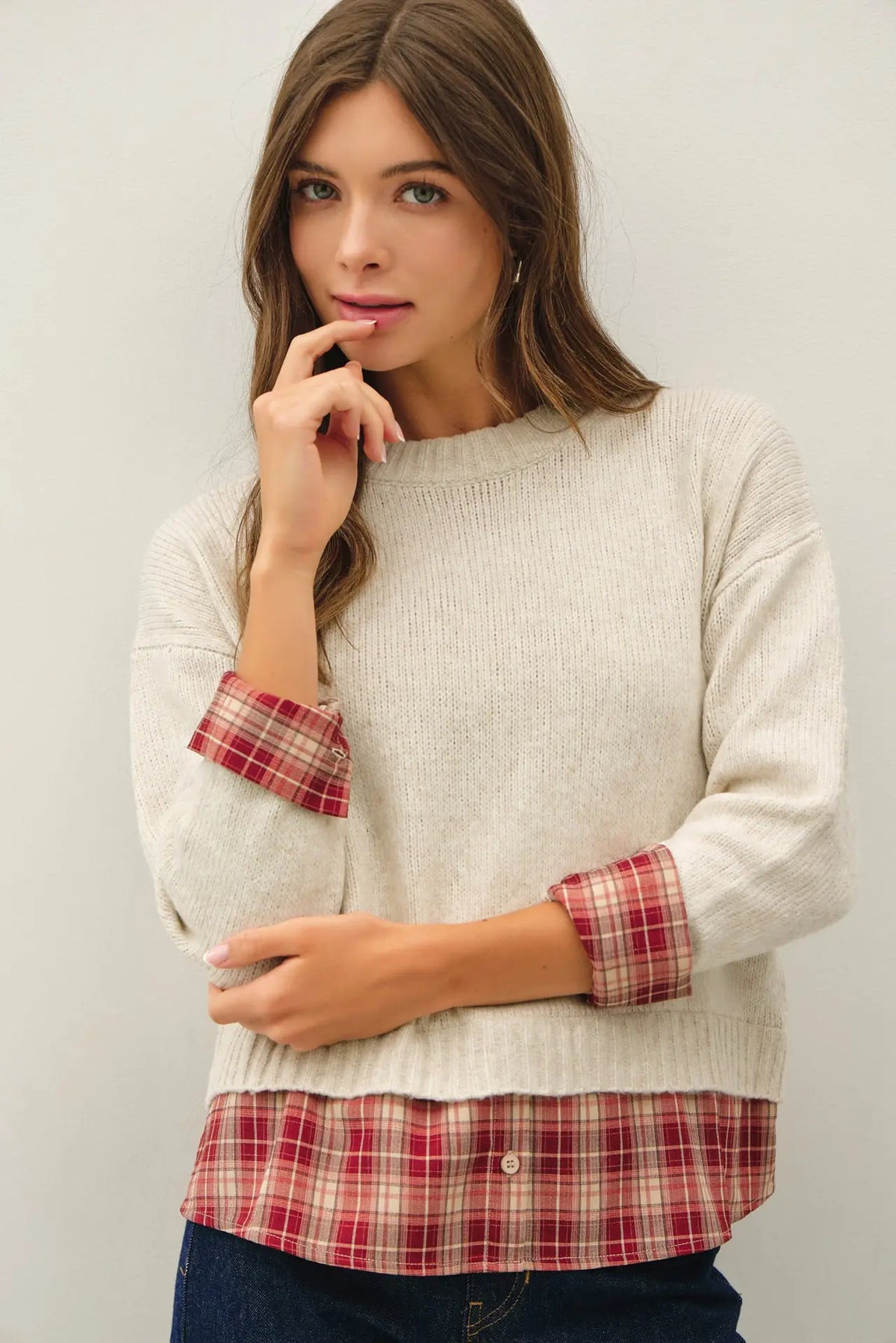 Natural Plaid Shirt Layered Sweater