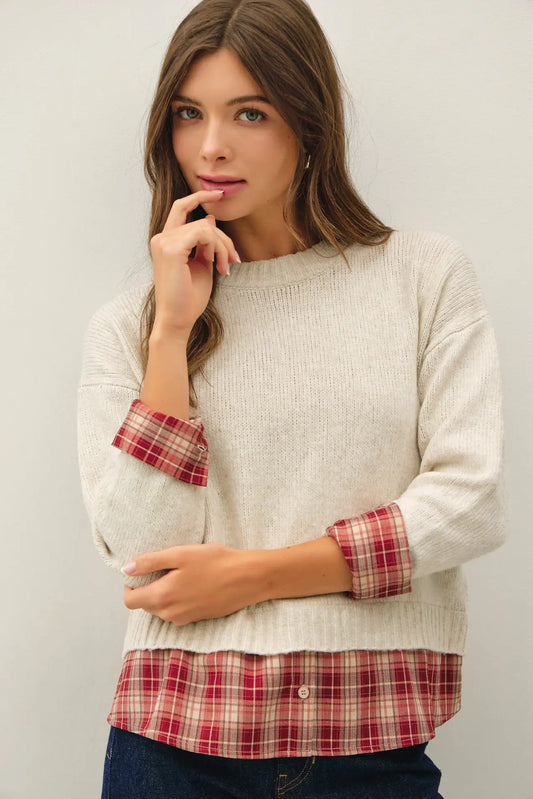 Natural Plaid Shirt Layered Sweater