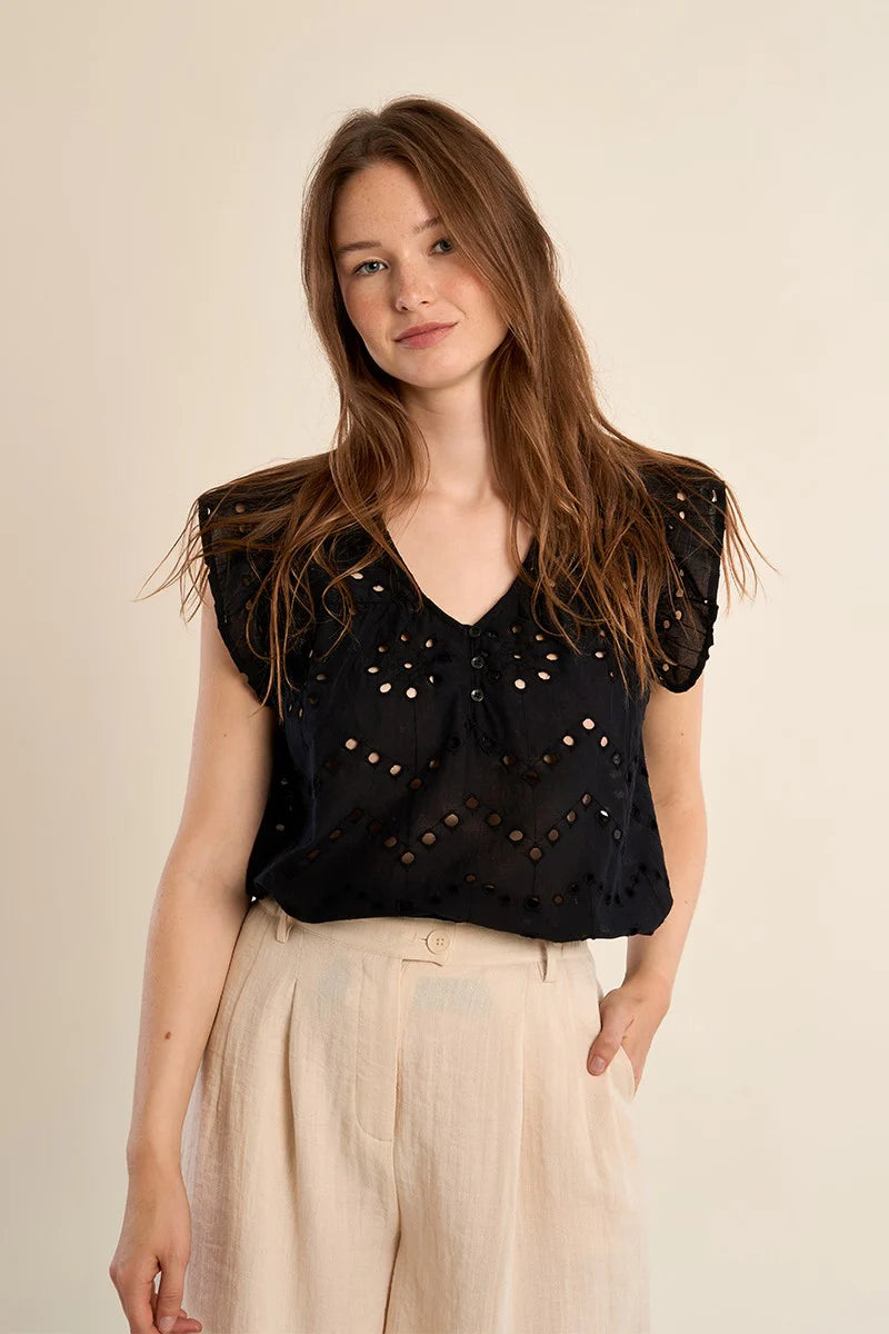 MB Black Ruffle Embroidered Top