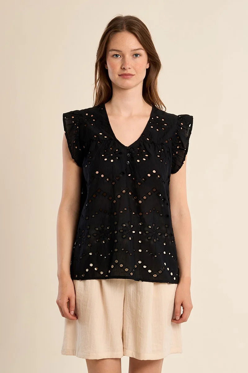 MB Black Ruffle Embroidered Top