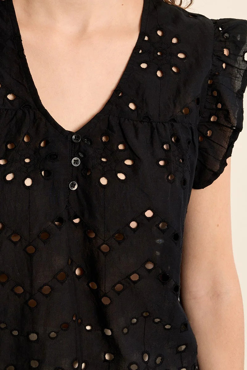 MB Black Ruffle Embroidered Top