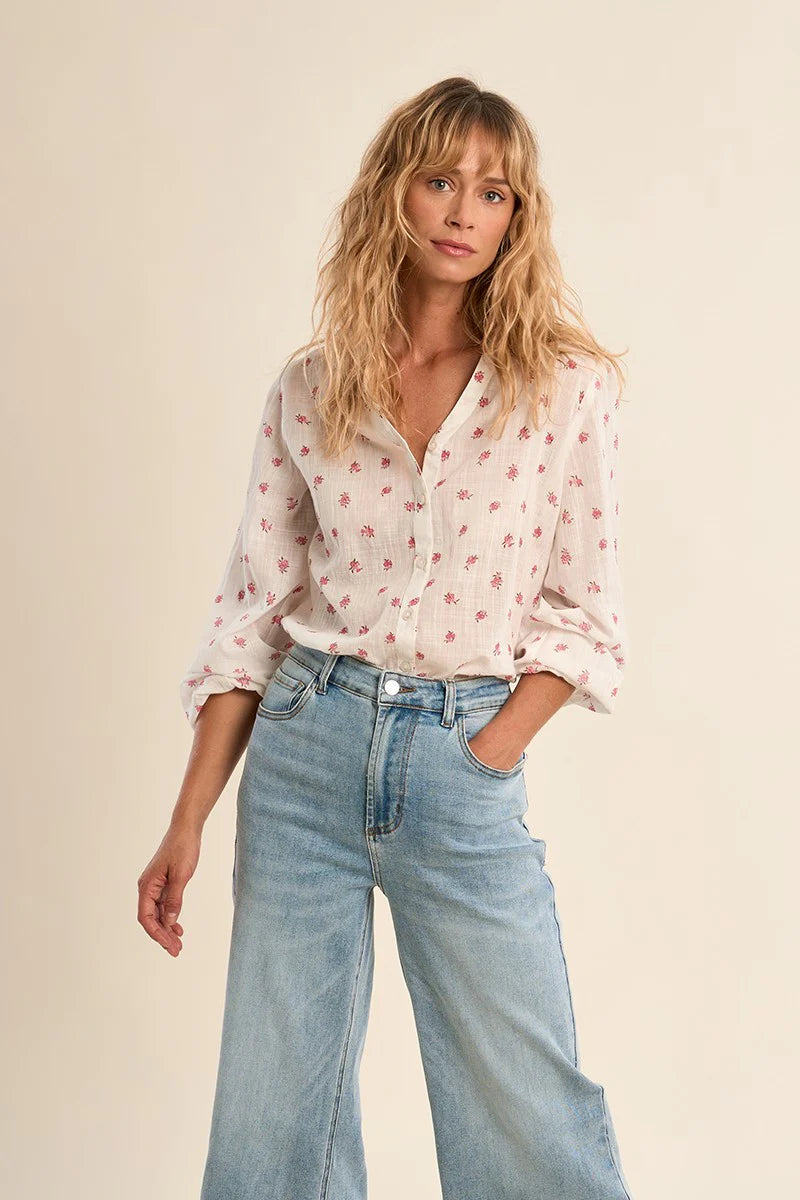 MB White Cotton Floral Blouse