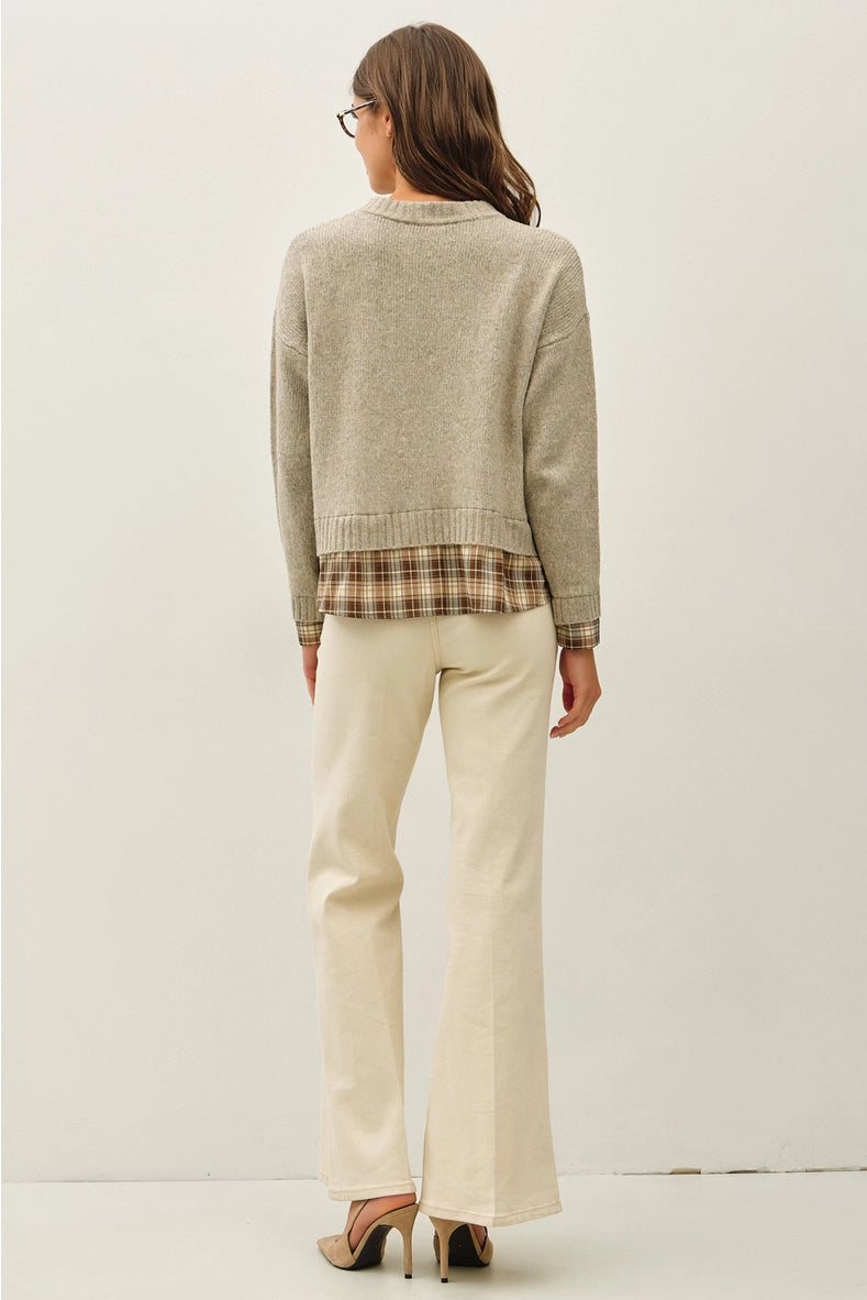 Taupe Plaid Shirt Layered Sweater