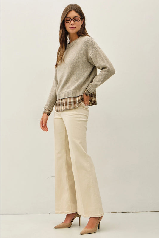Taupe Plaid Shirt Layered Sweater