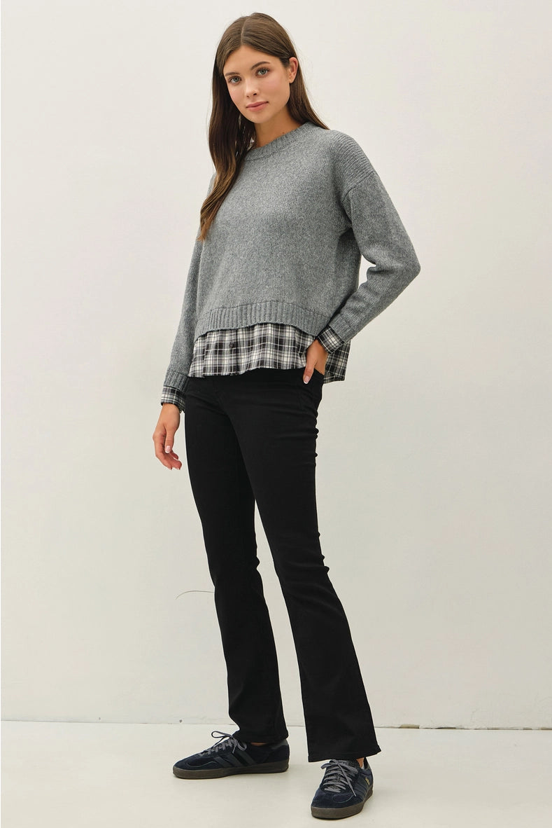 Charcoal Plaid Shirt Layered Sweater