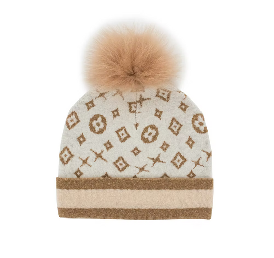Beige Pattern Pom Hat