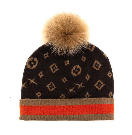 Brown Pattern Pom Hat