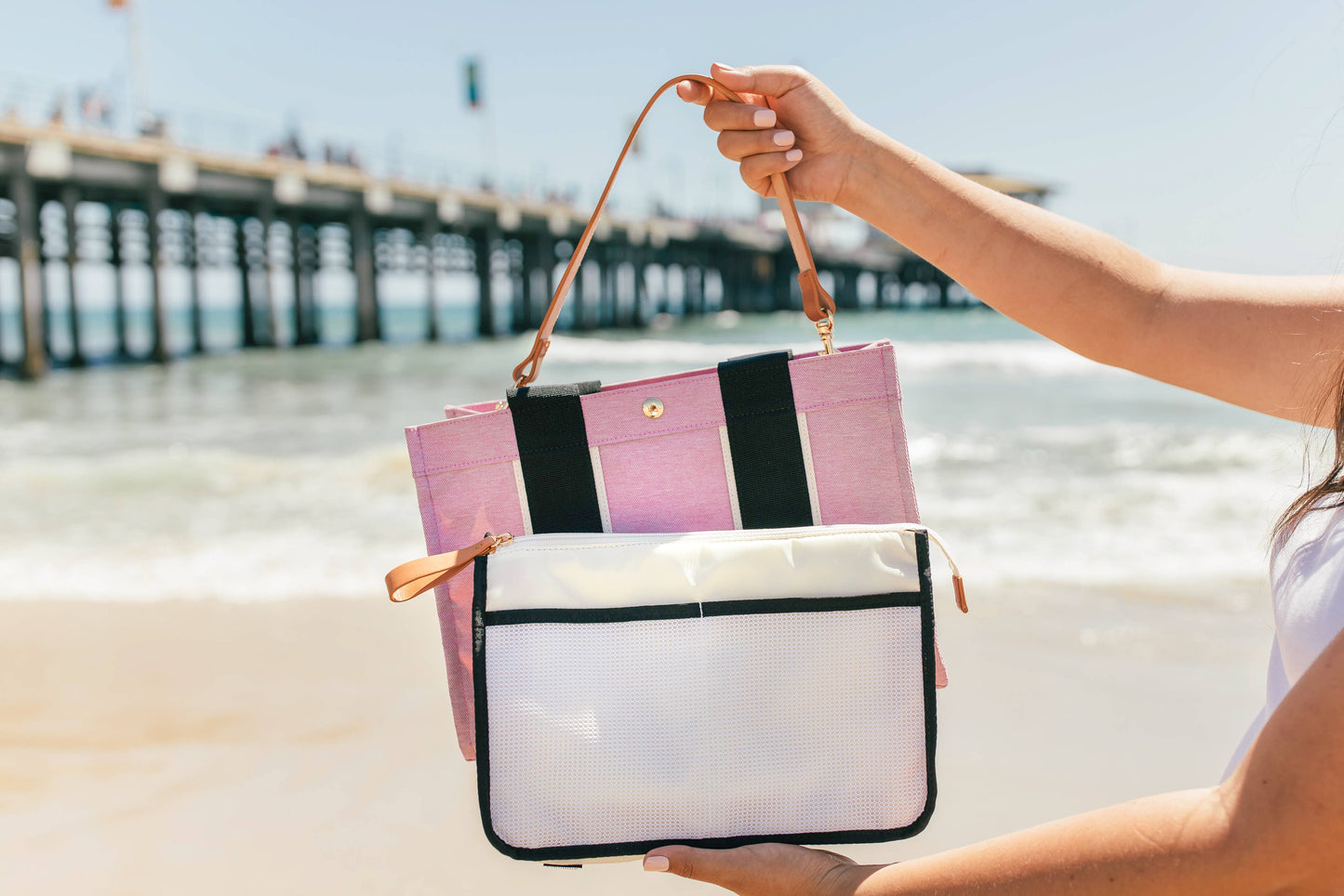 "Kylie" Pink Nylon Tote with Leather Accents