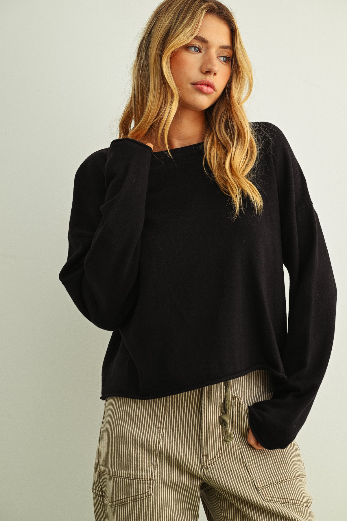 Roll Hem Black Sweater
