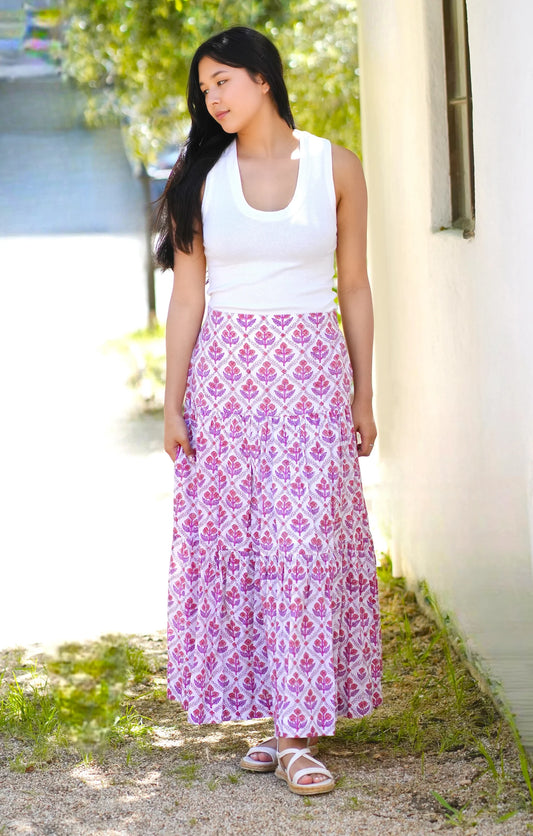 Purple White Block Printed Tiered Cotton Skirt