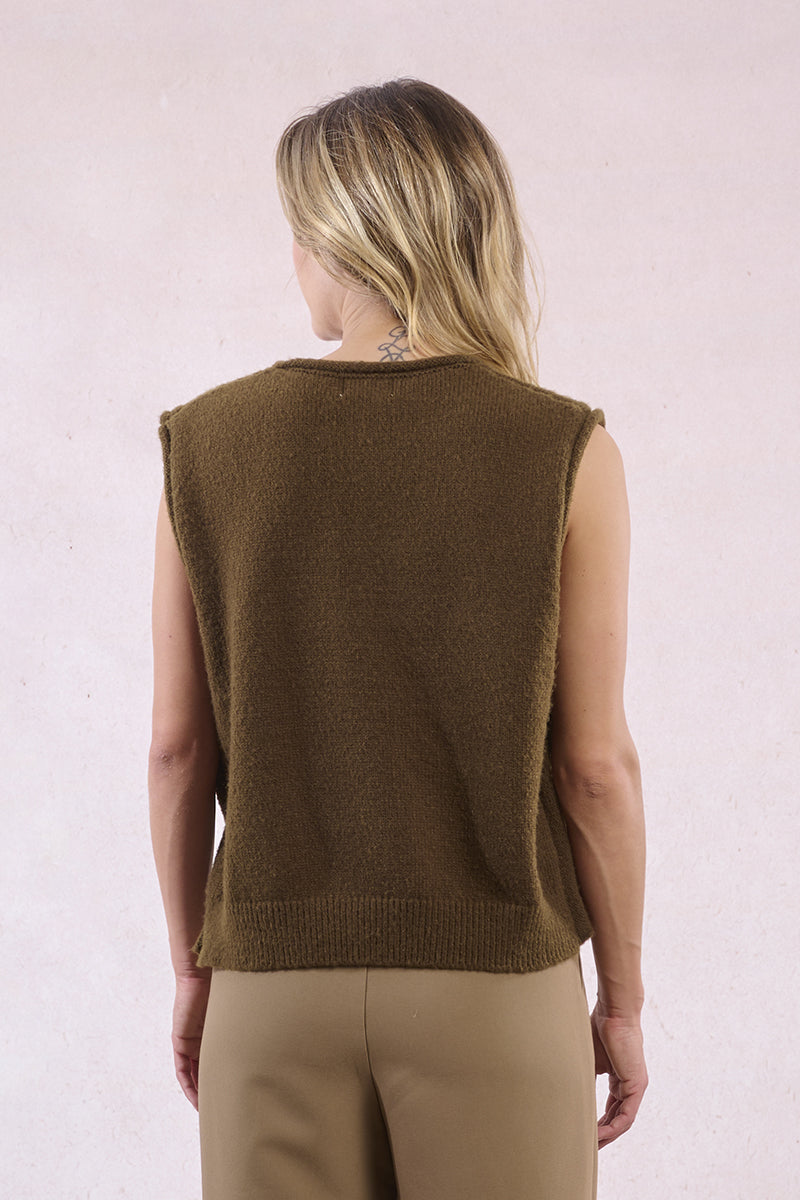 MB Khaki SideButton Sleeveless Sweater