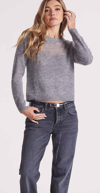 Charcoal Sheer Blocked Crew Top