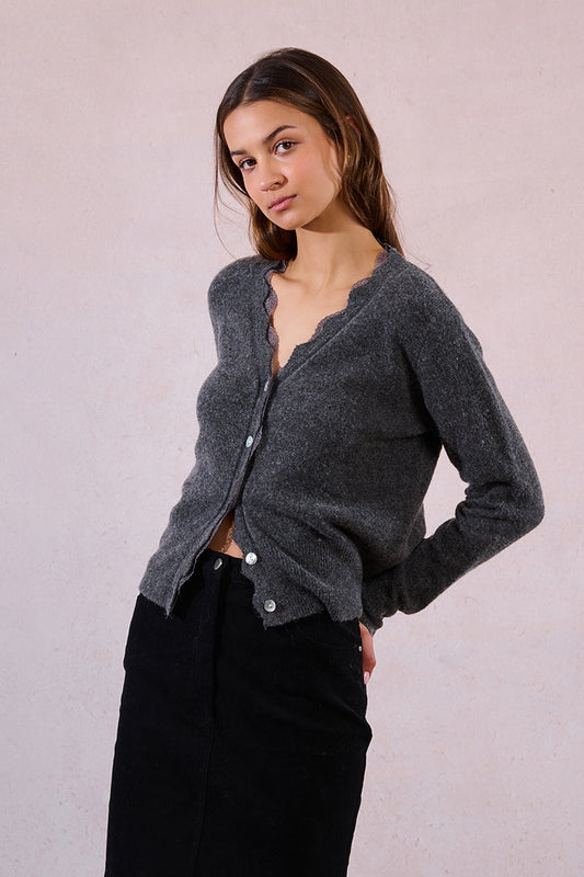 MB Grey Scallop Lace Cardigan Sweater