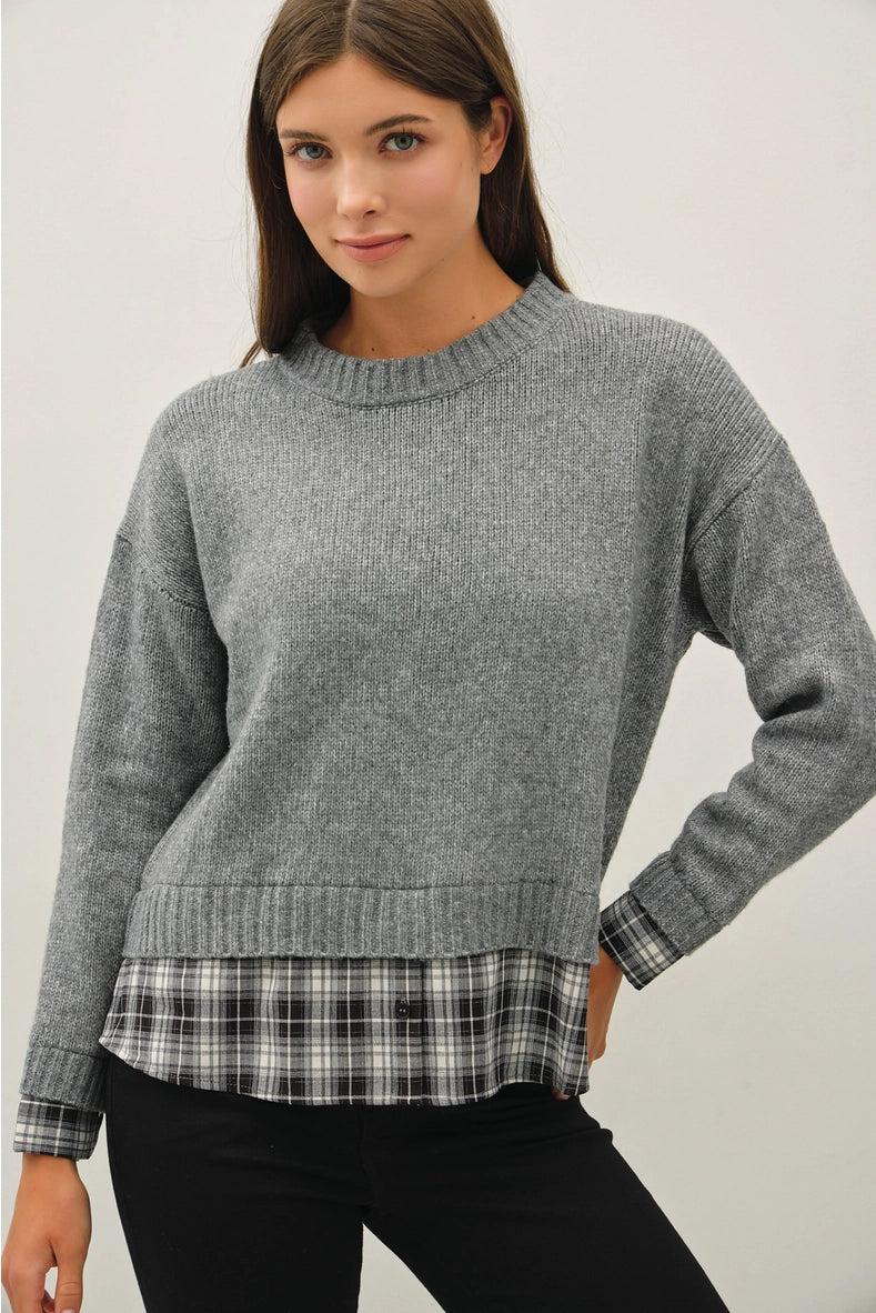 Charcoal Plaid Shirt Layered Sweater