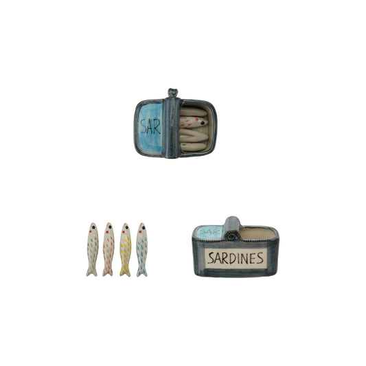 Hand-Painted Stoneware Container with (4) Sardine Utensil Rests, Set of 5