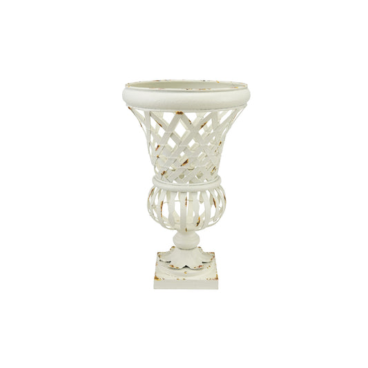 Woven Metal Footed Urn, Distressed Finish, White