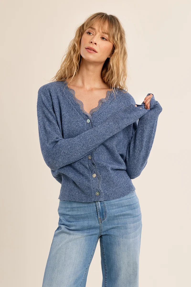 Denim Blue Lace scalloped Cardigan
