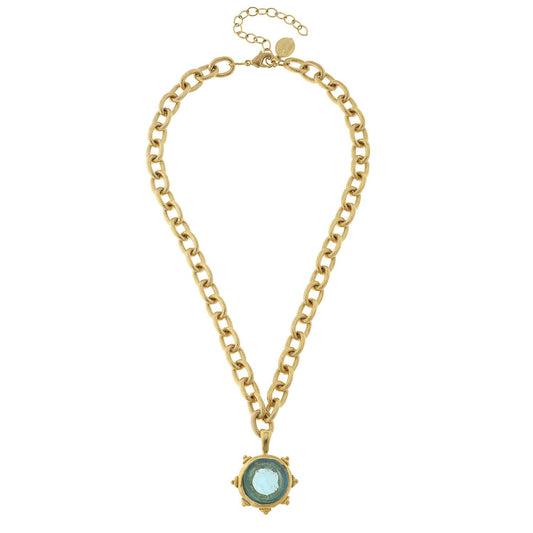 Aqua Venetian Small Glass Coin Intaglio on Gold Chain Necklace