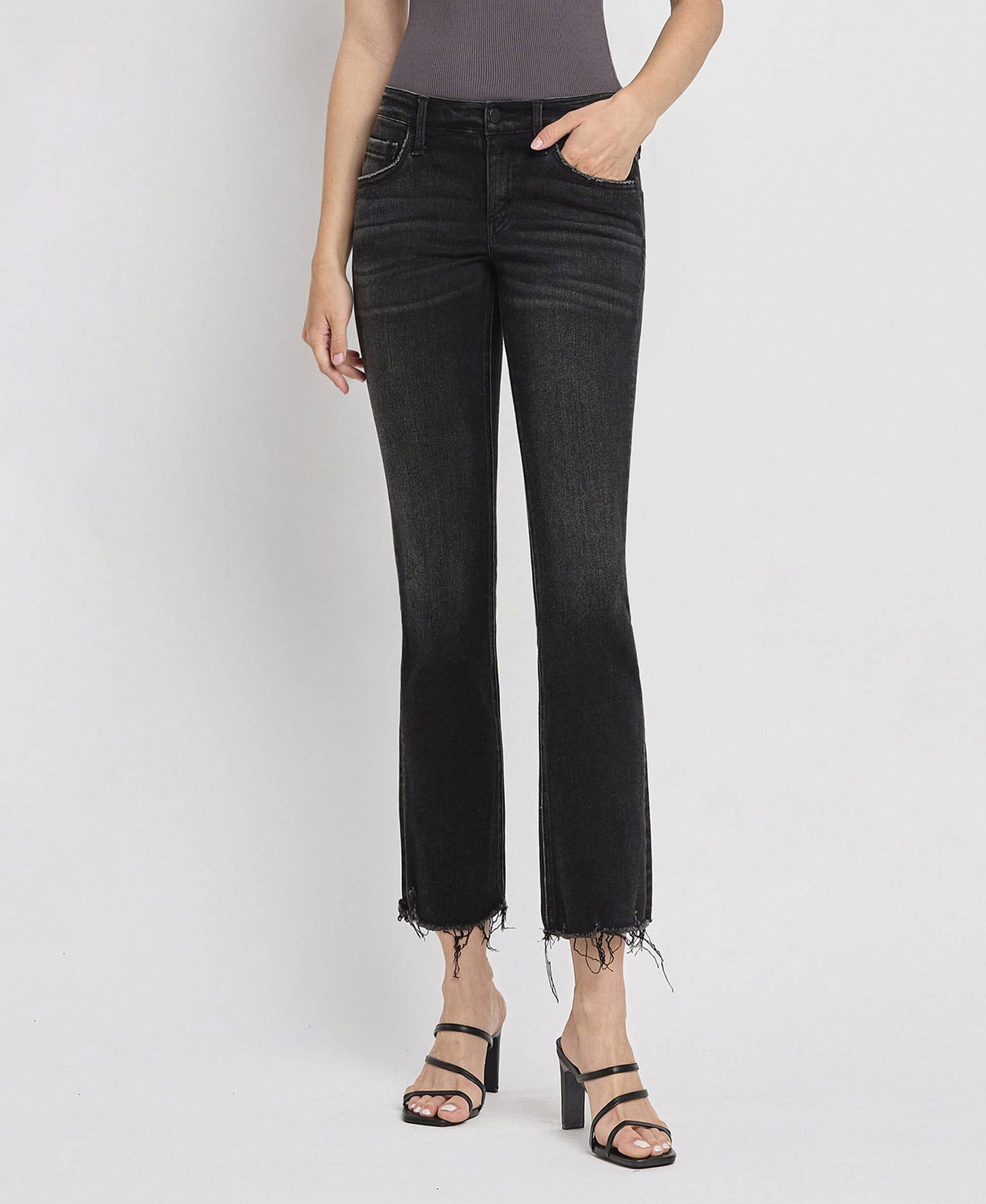 Mid Rise Raw Distressed Crop Flare Jeans F5300