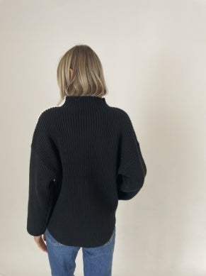 Black Funnelneck Stitched Sweater