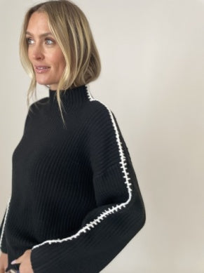 Black Funnelneck Stitched Sweater