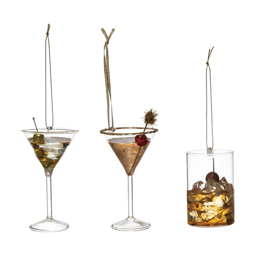 Approximately 3"H Glass Cocktail Ornament, 3 Styles